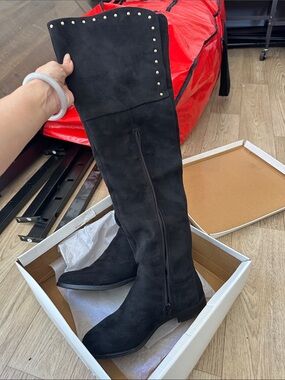 Women's Black Over-the-Knee Studded Suede Boots